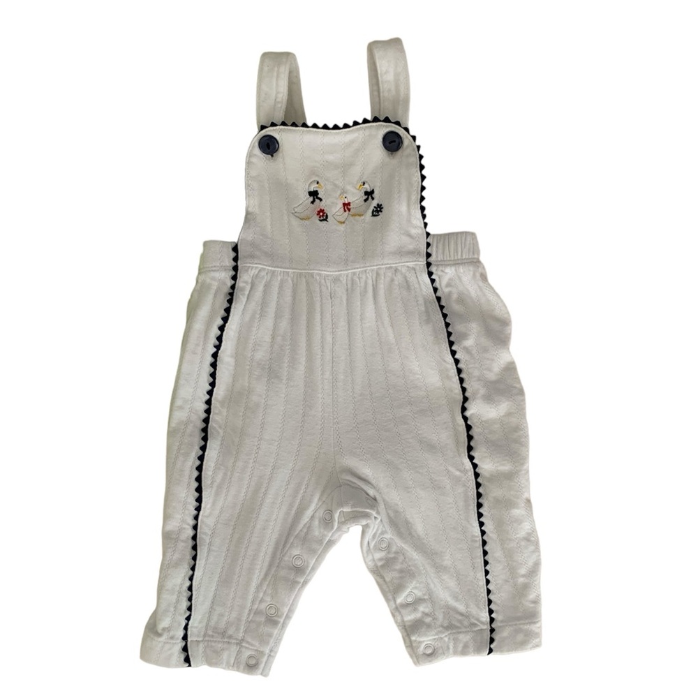 Vintage Soft Classics One Piece Overalls Girls Size 3-6M White Blue Ducks Cotton